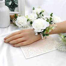 Meldel White Corsage And Boutonniere Set, Ivory Boutonniere, Prom Flower Wrist Corsage Bracelets, Homecoming Corsage Wristlet, Men Boutonniere For Wedding Flowers Accessories Prom Suit Decorations,1Boutonniere&1WristCorsageWhite - 1枚胸花和1枚腕花(白色) - 查看 5