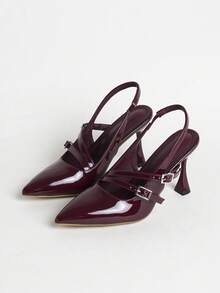 Women's Fashionable Wine Red Patent Leather High Heel Sandals With Double Buckle, Sexy Pointed Toe With Ankle Strap - Claret. - View 11