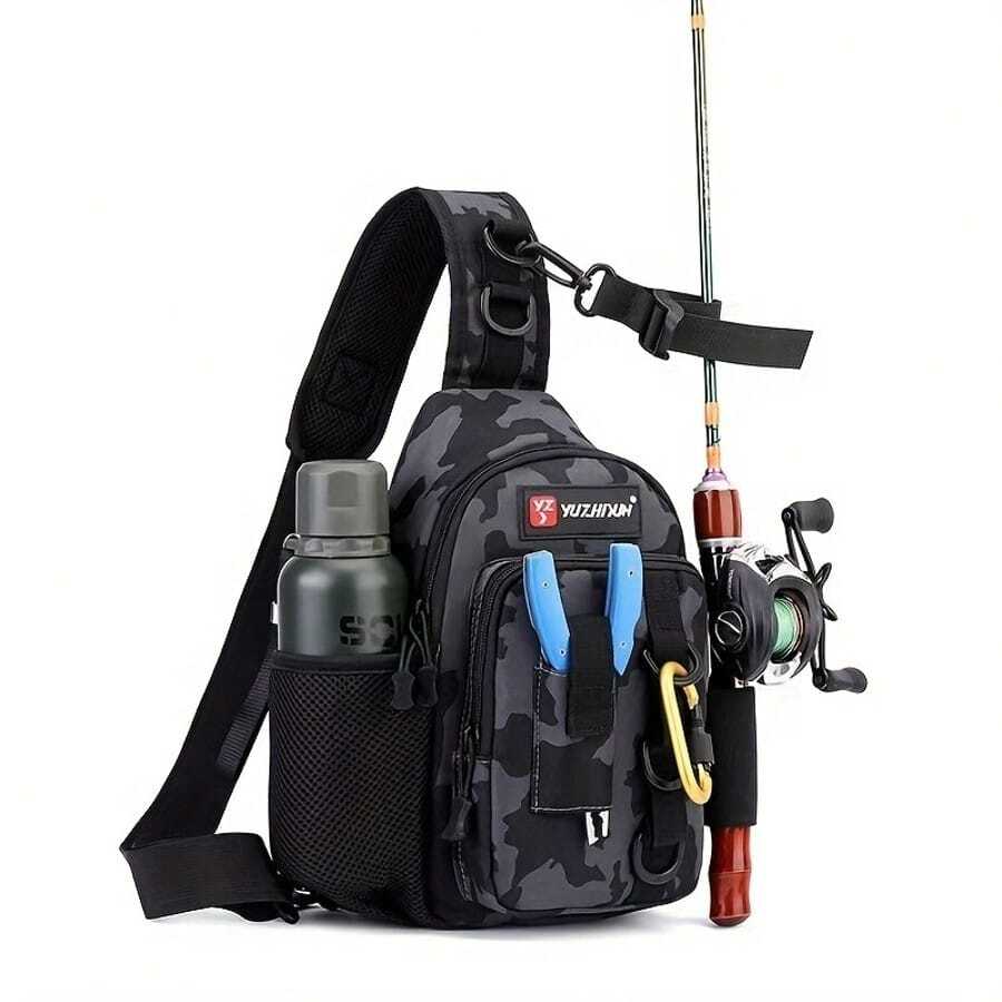 1pc Fishing Tackle Backpack, Multifunctional Fishing Shoulder Bag, Fishing Waist Pack, For Storing Fishing Rods, Baits, Hooks, Fishing Gear, Extra Large Capacity, 600D Nylon Material, Multiple Compartments, Padded Shoulder Strap, Camouflage Stripe Design, Suitable For Outdoor Camping And Fishing Trips, Fishing Gift - Multicolor - View 1