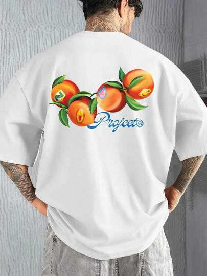 Men's Summer Fashion Simple Creative Peach & English Element Print Round Neck Short Sleeve T-Shirt | Basic Street Casual Pullover, Versatile Boyfriend Gift