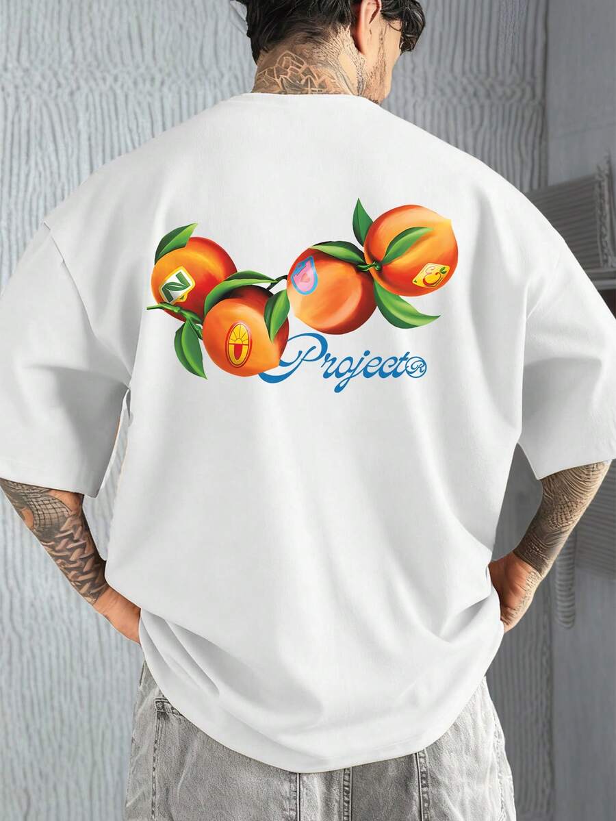 男士夏季时尚简约创意桃子与英文元素印花圆领短袖T恤 | 基础款街头休闲套头衫，百搭男友礼物