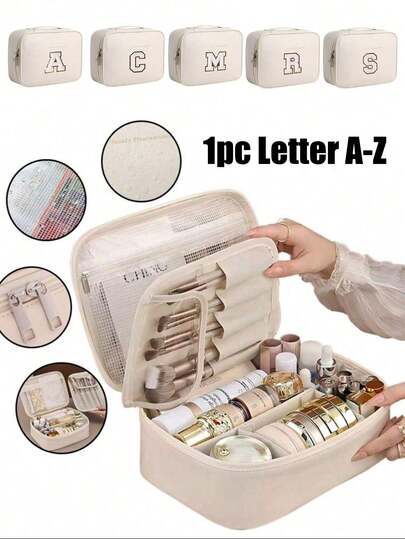 1 Pc Multi-Layer Detachable Makeup Bag With Brush Storage - With White Towel Embroidery Letter A-Z, Travel Cosmetic Case, Large Capacity Makeup Storage Bag, Portable Beauty Essentials Bag For Men & Women, Make Up Bag, Travel Sleek Design, Sturdy Construction, Travel Bag, For Lipstick, Brush, Skincare, Mobile Phone, Coin, Small Items, For New Year'S Gift, Valentine'S Day Gift, Ramadan Gift