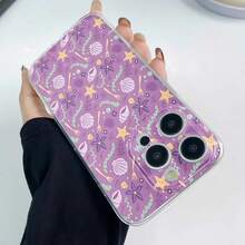 Estampado marino morado con estrellas de mar, conchas y flores. Esta elegante funda es compatible con los modelos  17, 16, 15, 14 Pro Max, 13, 12, 11, XR y XS Plus. Fabricada en silicona TPU, ofrece protección contra golpes y caídas, además de una sensación superior. Es un regalo ideal para familiares, amigos y seres queridos, y una opción perfecta para Año Nuevo. - transparente - Ver 4