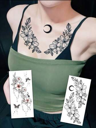 2 Sheets Body Art Temporary Tattoo Sticker For Women, Flowers, Leaves, Moon, Butterflies, And Spiders Patterns.Waterproof Fake Tattoo,Lasting 2-5 Days,Can Be Applied To The Arms, Neck, Shoulders, Waist, Legs, And Back. Easy To Apply And Remove,Perfect For Holidays, Parties, Gifts, Vacations, And Music Festivals. Body Decorations.