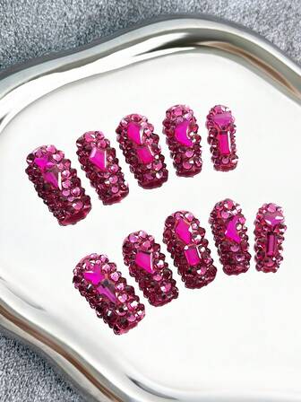 Unghie quadrate fatte a mano stile Y2K con punte trasparenti, strass color fucsia e design 3D scintillanti a copertura totale - Unghie finte a copertura completa con glitter, finte unghie per feste, all'aperto, spiaggia, uso quotidiano, vacanze, raduni, lavoro ed eventi speciali - 10 pezzi/confezione