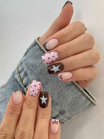 24片短方形假指甲，粉色法式星形图案，适合情人节美甲，可爱铬合金亚克力按压式凝胶美甲套装（包含：1片果冻凝胶和指甲锉），适合女性日常约会和派对