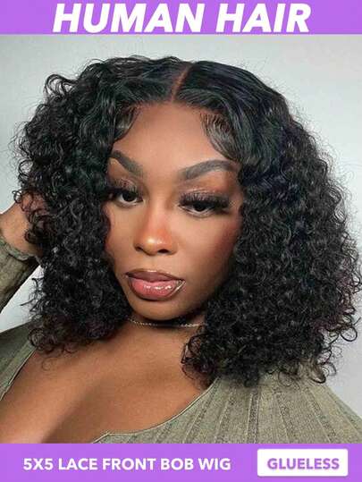 180% 250% 密度，即戴即用，无需胶水，真人发，预先拔毛，预先剪裁，卷曲波浪波波头假发，真人发蕾丝前假发，适合初学者，升级版无需胶水，5x5蕾丝闭合，女士真人发，8、10、12、14、16英寸短波波头假发，自然黑#1B