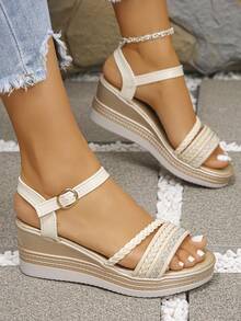 1 Paar Damen Sommer Neue Gewebte Strass Dekor Bequeme Plateau Keilsandalen, 1 Paar Damen Outdoor Boho Strand Urlaub Stil Schnallen Beige Riemen Runde Zehe Klassische Keilsandalen - Beige - Übersicht 3