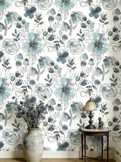 1 Roll Of 44cm-Long Vibrant Hand-Painted Floral Wallpaper, A Bohemian-Style, Removable PVC Wallpaper With A Modern Neutral Self-Adhesive Design. Suitable For Cabinet Decoration, Bedroom Embellishment, Wall Panels With Peel-And-Stick Decals, As Well As Regular Wallpaper Applications.