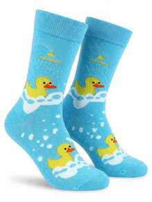 1 双男女通用卡通橡皮鸭沐浴主题中筒袜，浅蓝色波浪图案，饰有可爱的鸭子和泡泡，舒适休闲，适合全年日常穿着，是送给男士（父亲/祖父/丈夫/男友）的有趣独特的礼物，是生日和日常惊喜的理想之选。 - 彩色 - 查看 1