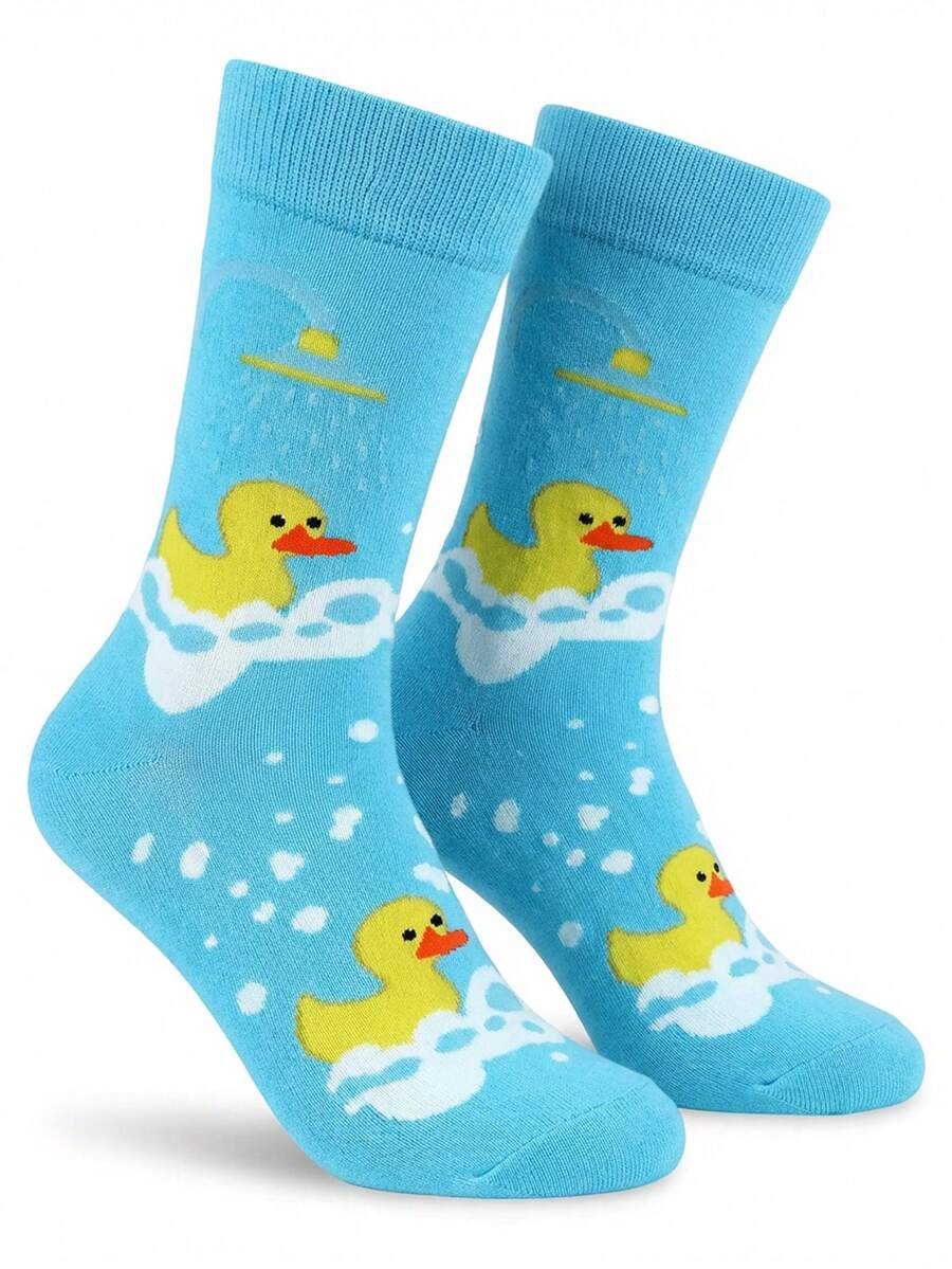 1 双男女通用卡通橡皮鸭沐浴主题中筒袜，浅蓝色波浪图案，饰有可爱的鸭子和泡泡，舒适休闲，适合全年日常穿着，是送给男士（父亲/祖父/丈夫/男友）的有趣独特的礼物，是生日和日常惊喜的理想之选。 - 彩色 - 查看 1