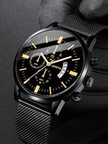 1 件装休闲男士石英表，简约圆形表盘，金属网状表带，男士最佳礼物，适合假日和日常佩戴 - 黑色 - 查看 4