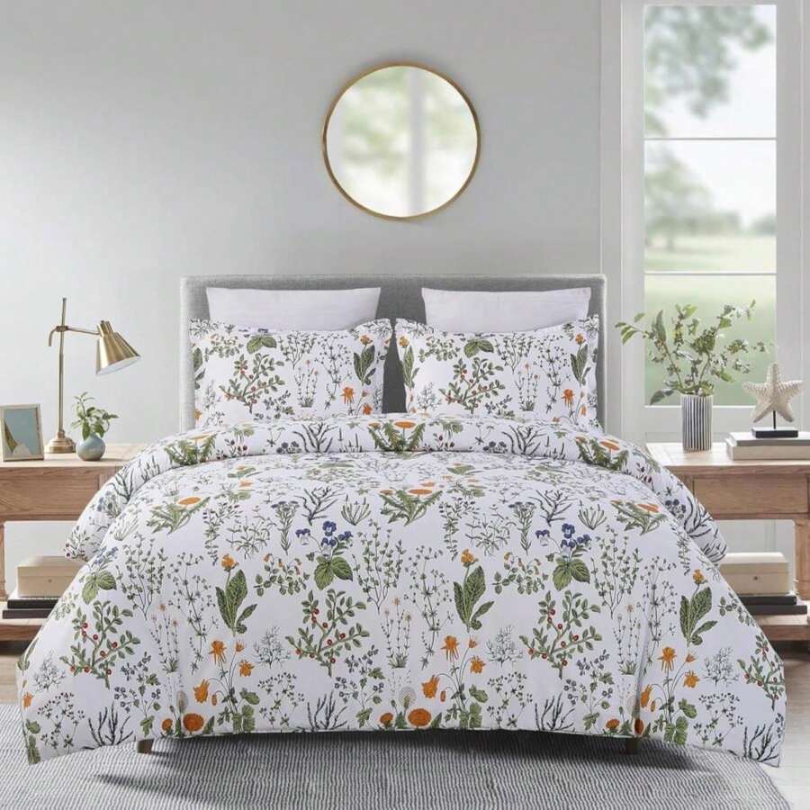 Vaulia Soft Microfiber Duvet Cover King Size, Grey And White Floral Branches Printed Pattern 3-Piece Set (1 Duvet Cover 2 Pillow Shams) - ColorG - 查看 1