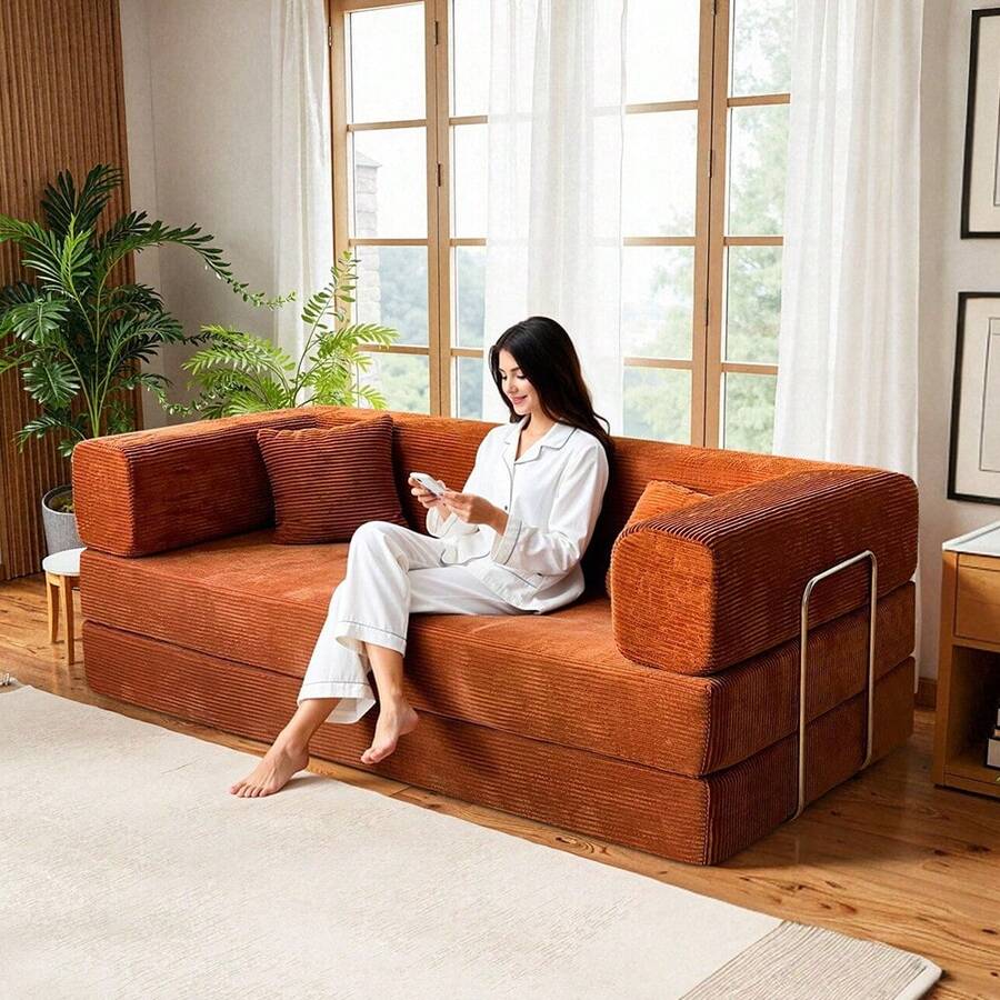 78'' No Assembly Corduroy Cloud Couch For Living Room - Ergonomic Deep Seat Sectional Sofa With Memory Foam For Reading, Rest & Sleep, Convertible Sofa Cama & Spacious Sofa For Living Room - 亮橙色 - 查看 1