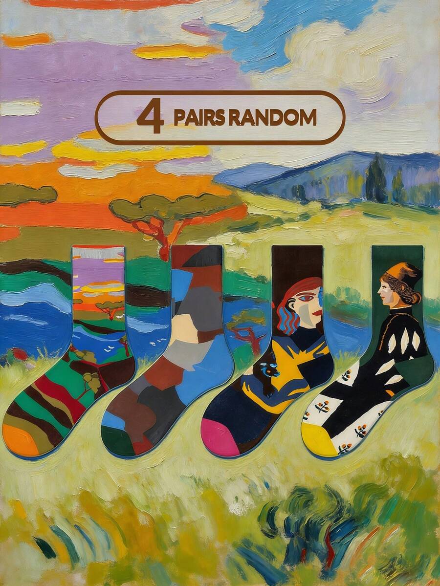 4 Pairs Spring/Autumn Personalized Portrait & Landscape Painting Style Mid-Calf Socks, Fashionable Street Style Couples Socks, Artistic & Unique Design Socks - Multicolor - View 1