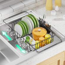 STOZLEE 316 Stainless Steel Sink-Side Dish Rack, Expandable Stainless Steel Kitchen Countertop Drainer, Suitable For Drying Dishes Inside The Sink: Above-Sink Drying Rack With Cookware Storage, Featuring A Dish Rack And Cup Holder, Silver/Black - 銀色 - 查看 2