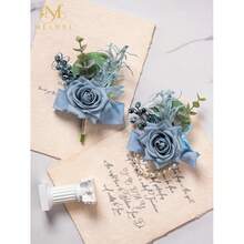 Meldel Dusty Blue Corsage And Boutonniere Set, Rose Boutonniere For Men, Prom Flower Wrist Corsage Bracelets, Homecoming Corsages Wristlet, Men Boutonnieres For Wedding Flowers Accessories Prom Suit,BlueWristCorsageandBoutonniereSet - 藍色手腕花和胸花套裝 - 查看 8