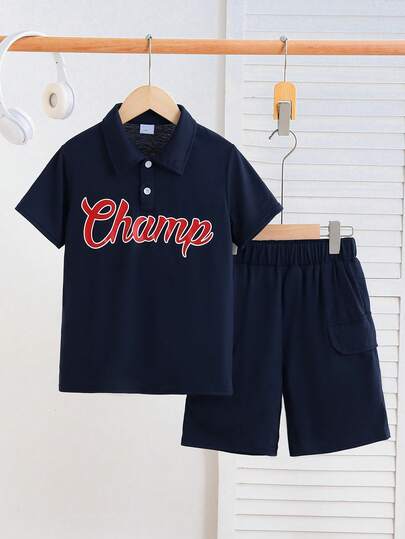 Purechapter 2pcs/Set Boys' Summer Casual Letter Print Polo Shirt With Collar Paired With Elastic Waist Side Pocket Shorts Set, Suitable For Back To School And Daily Wear