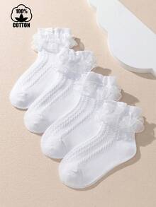 4双女童棉质蕾丝边袜子，纯色舞蹈袜，休闲公主袜，适合儿童和青少年，春秋季 - 白色 - 查看 6