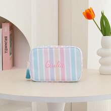 Customized Embroidered Striped Tassel Cosmetic Bag, Personalized Embroidered Name Organizer Pouch, Zipper Makeup Bag, Travel Toiletry Bag, Travel Essentials, Multi-Functional, Decorative, Lettering, Fashion, Modern, Colorful, Cute, Casual, Customized, Personalized, Unique, Custom-Made, Ideal Gift For Him, Ideal Gift For Her, Customized Children's Bags And Luggage ,Travel Organizer - Multicolor - View 34