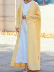 Women's Loose Fit Long Robe, Yellow Woven Fabric, Featuring Fashionable Slit Detail, Exuding Graceful Elegance Spring - Yellow - View 3