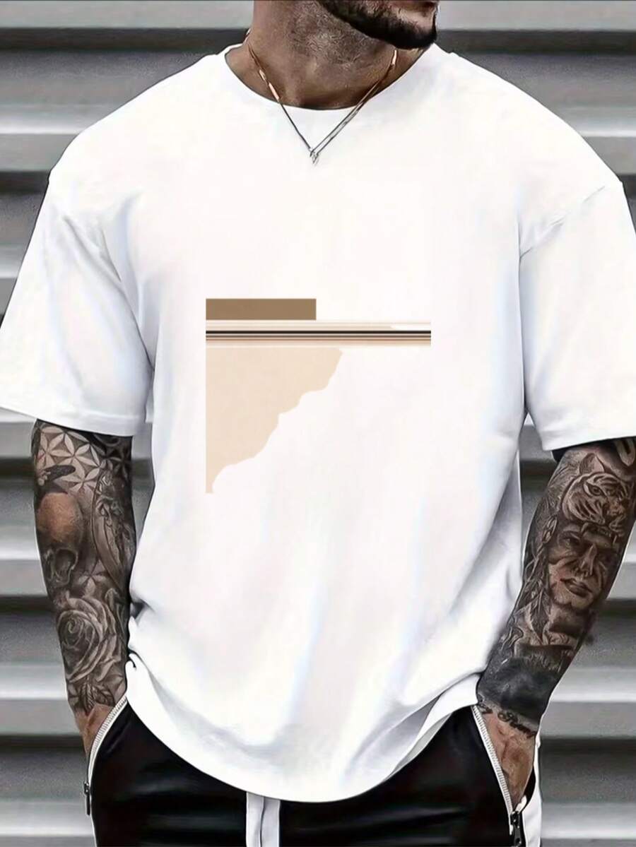 New White Short Sleeve T-Shirt With Simple Geometric Pattern - 白色 - 查看 1