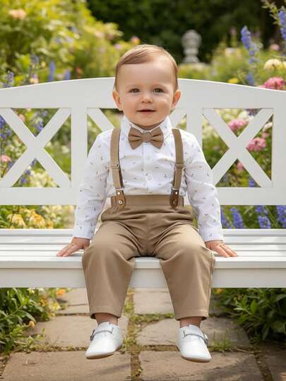 2 piezas Conjunto de caballero para bebé niño, camisa de manga larga con corbata de moño y peto, de moda para fiesta de cumpleaños, evento formal, boda