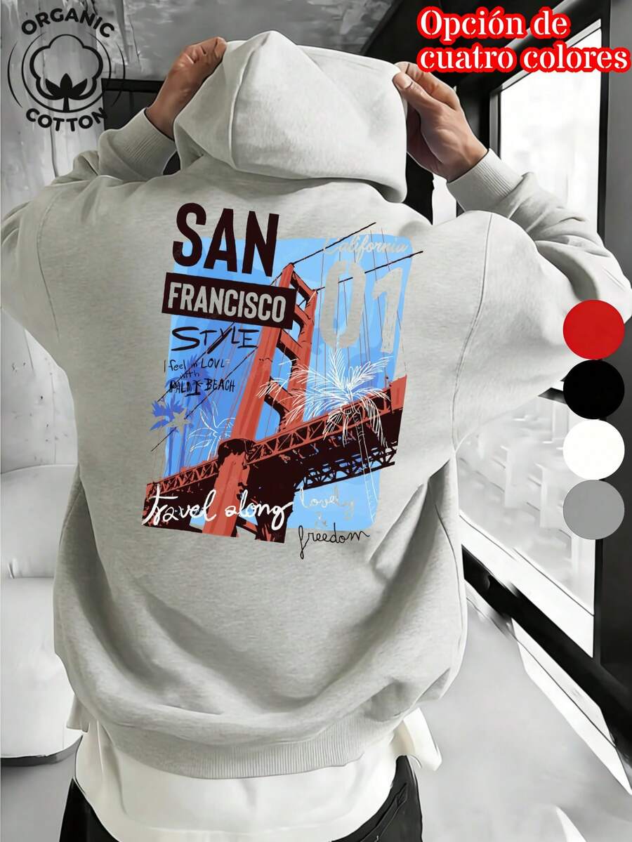 Hombre cuello redondo San Francisco estilo California 01 puente Golden Gate playa Mill Valley viaje junto con el viento impresión bolsillo canguro cordón capucha sudadera holgada casual manga larga suave ligero anti pelusa es opción de regalo ideal para hombre ropa rojo negro blanco gris adecuado para tiempo frío - Gris - Ver 1
