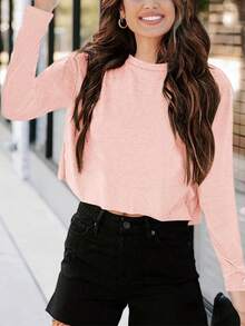 Women's Long Sleeve Crop Top Loose Fit Crew Neck Drop Shoulder Cropped T-Shirt Casual Basic Tee - Hồng - Xem 1