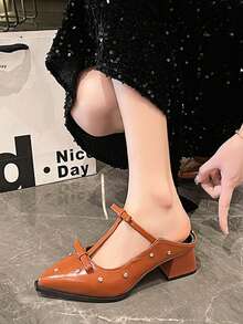 Mules à talon épais et bout fermé pour femmes, sandales sans contrefort, nouveautés à la mode printemps/été 2025 - Tabac - Voir 4