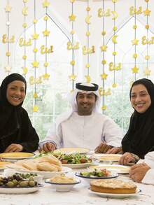 金色开斋节快乐挂饰，新月星辰挂饰，饰有新月、星星和“Eid”字样 - 生日、订婚、婚礼和家居卧室装饰、派对装饰、节日挂饰 - 彩色 - 查看 5