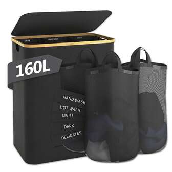 Laundry Hamper With Lid, 160L Large-Capacity Hamper With Handles And Lid, Collapsible Clothes Organizer Basket (With 3 Removable Inner Bags & 5 Tags), Ideal For Storing Clothes, Toys And Towels - Black