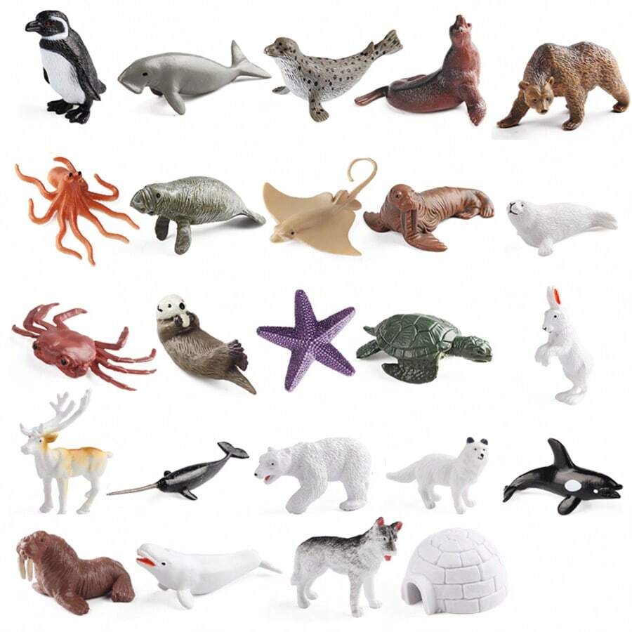 24PCS Mini Marine Polar Animal Set Penguin Polar Bear Arctic Fox Beluga Whale Dolphin Seal Sea Lion And Other Polar Marine Animals, Children's Birthday Gift - Multicolor - View 1
