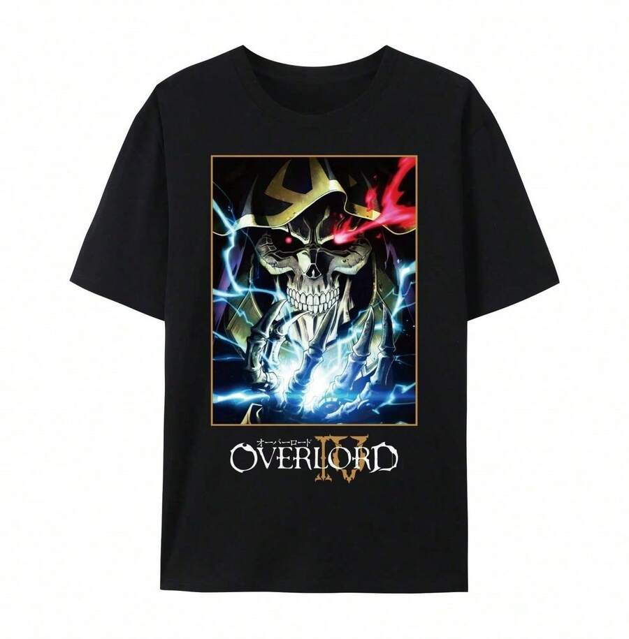 Overlord Ainz Ooal Gown Graphic Cotton T-Shirt, Japanese Anime Unisex Short Sleeve Crewneck Shirt, - 黑色 - 查看 1