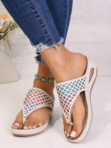Women's Wedge Flip Flops, Thong Sandals With Hollow-Out Rainbow Design, Comfortable Soft Summer Beach Shoes - Beige - View 2