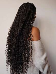 Bohemian Woven Wig Bohemian Style Square Braided Wig Knotless Goddess Braided Wig With Curly Tail Double Full Lace Square Artificial Woven Wig With Suitable For Women Natural Black 36 Inches - Black - View 3