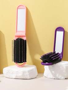 1pc Foldable Comb With Mirror, Multiple Colors Available, Foldable Design For Easy Carrying, Equipped With Mirror For Convenient Makeup Check, A Highly Practical Portable Comb - Black - View 7
