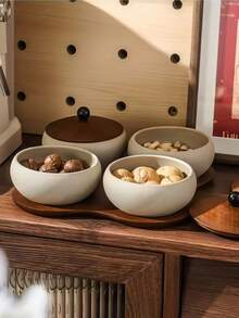 1件复古中式木质陶瓷盖碗，日式复古分隔式零食干果托盘，简约餐盘，适用于客厅、茶几、餐厅、咖啡馆、节日、聚会等场合 - 彩色 - 查看 9