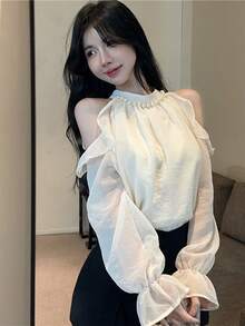 French Style Halter Neck Loose Shoulder Chiffon Blouse For Women, Flattering, Spring/Autumn - Apricot - View 2