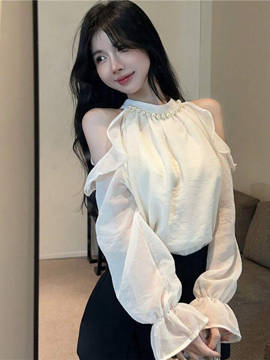 法式优雅珍珠领宽松露肩雪纺衬衫，春夏修身女装 - 杏色 - 查看 1