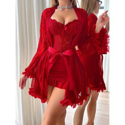 2pcs/Set 3D Floral Lace Robe + Fishbone Waist Design Lace Camisole Nightgown