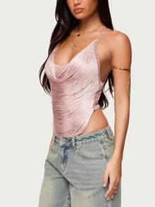 Women's Solid Color Halter Neck Backless Fringed Party Top, Women's Solid Color Fringed Street Style Top - 粉色 - 查看 7