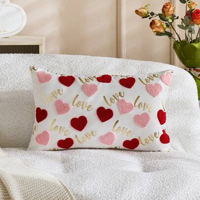 1pc Valentines Day Red Heart Pillow Covers 18x18 Inch Hearts Embroidered Decorative Throw Pillows Farmhouse Valentine Outdoor Cushion Cases For Sofa Couch Home Without Fillers