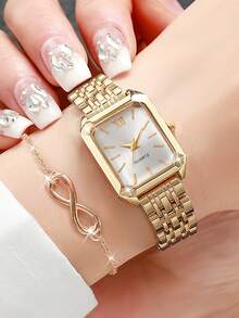 2件套女士礼品手表 - 不锈钢表带，方形表盘，罗马数字，优雅石英腕表 + 手链（不含表盒） - 金色 - 查看 1