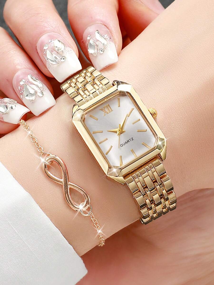 2件套女士礼品手表 - 不锈钢表带，方形表盘，罗马数字，优雅石英腕表 + 手链（不含表盒） - 金色 - 查看 1
