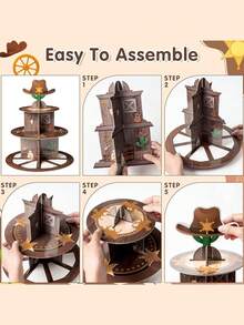 Soporte de 3 niveles para cupcakes estilo vaquero occidental, decoración de fiesta de cumpleaños con tema vaquero, estante de papel para postres, soporte para cupcakes de fiesta del Lejano Oeste, adecuado para suministros de fiesta salvaje, decoraciones para baby shower - Multicolor - Ver 4