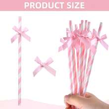 10/20/30/50/100支装粉色条纹蝴蝶结纸吸管，配缎带蝴蝶结，适用于婴儿派对、生日、婚礼、新娘送礼会、蝴蝶主题派对、青少年睡衣派对、派对装饰 - 粉色 - 查看 5