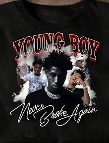 Outdoor Adventures YoungBoy Never Broke Again Graphic Cotton Tee - Black Casual Shirt All-Season Comfort Fit Machine Was - 黑色 - 查看 1