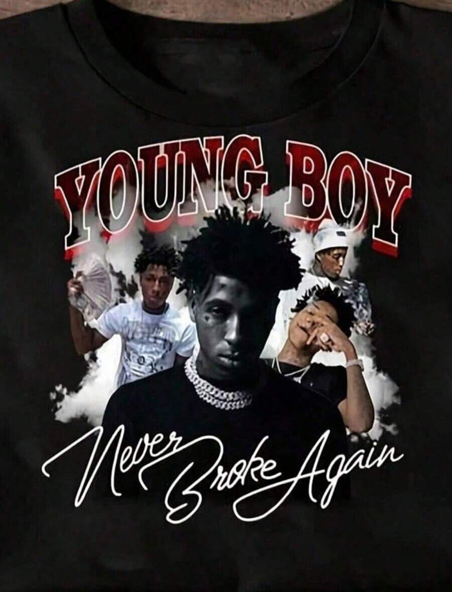 Outdoor Adventures YoungBoy Never Broke Again Graphic Cotton Tee - Black Casual Shirt All-Season Comfort Fit Machine Was - 黑色 - 查看 1