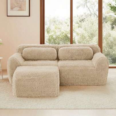 Two-Seater Corner Sofa, Soft Plush Fabric, Modular And Combinable As Desired, With Cushions. High-Resilience Soft Foam, No Assembly Required, Ideal For Small Spaces, Hellkhak Color